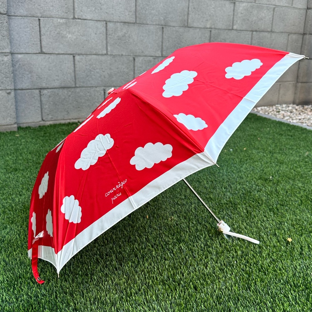 Courrèges Paris Iconic Cloud Print Umbrella • Rare Mod Designer • Red & White